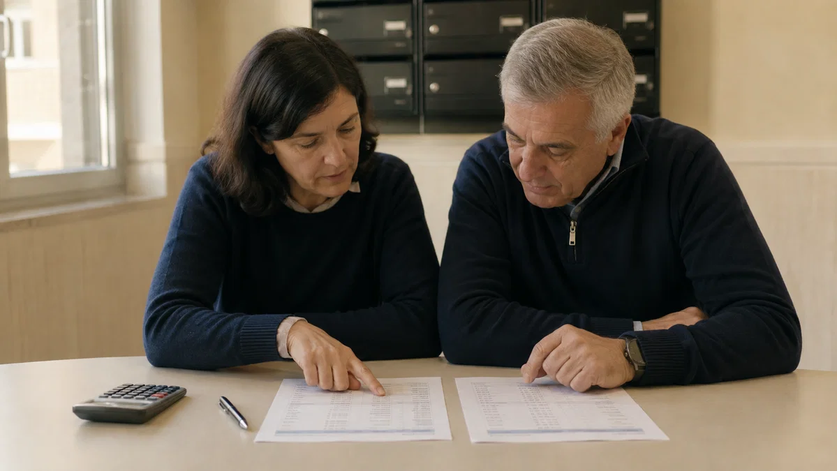 Dos vecinos comparan dos presupuestos impresos de administración de fincas junto a una calculadora, en el portal de su comunidad