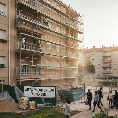 Andamios en la fachada de un edificio de viviendas durante una obra comunitaria