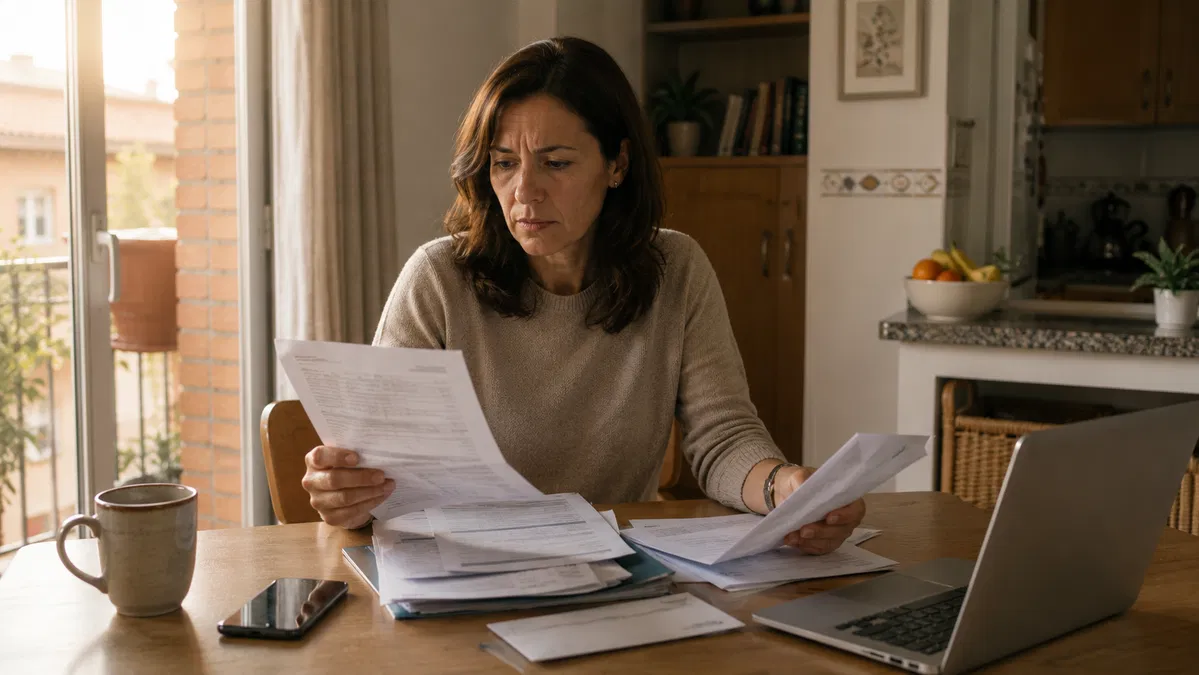 Una propietaria revisa en casa la documentación de su comunidad y un escrito recibido, con el portátil abierto